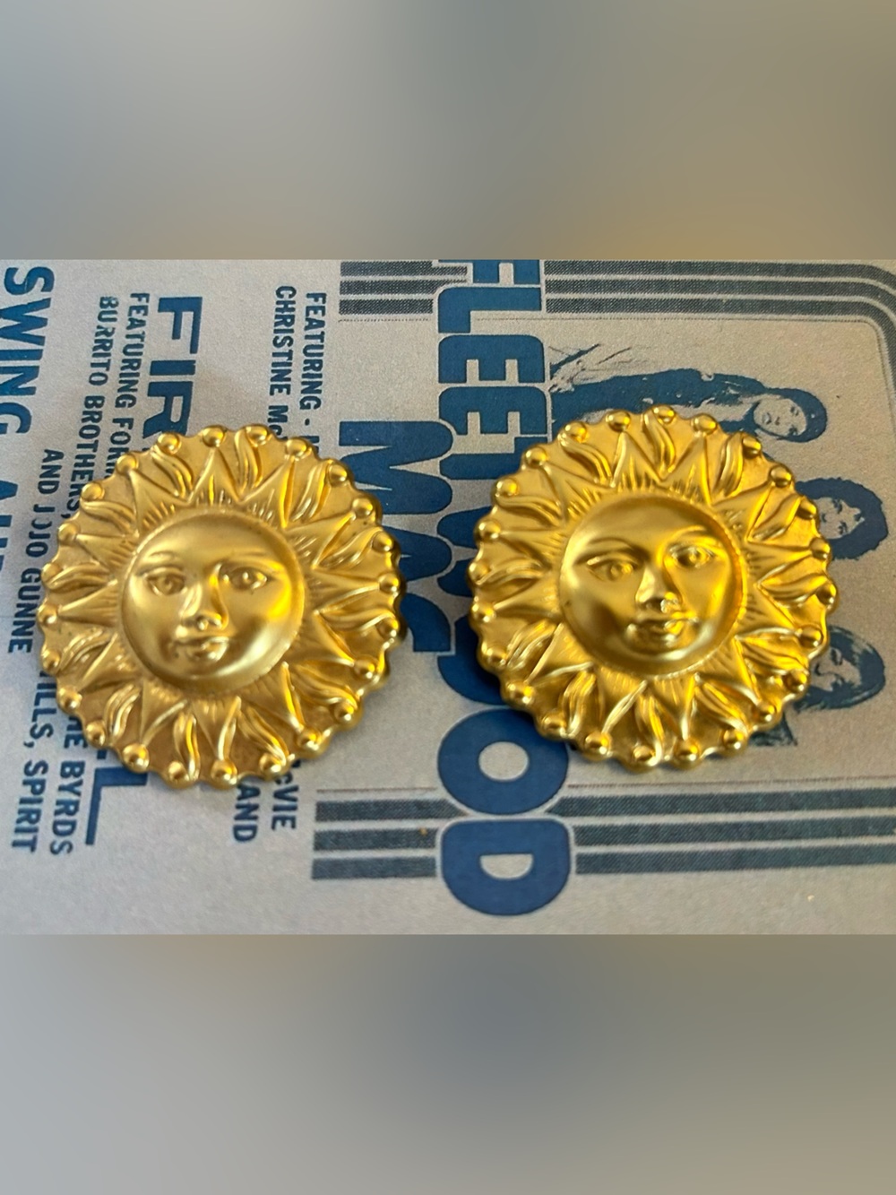 Retro Gold Sun Face Button pierced Earrings 1.5” Women Accessories Celestial